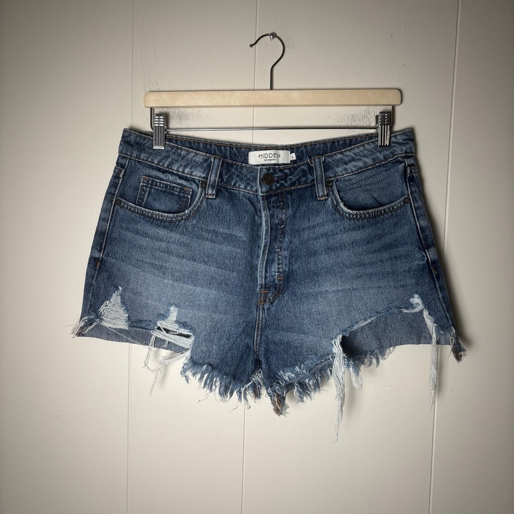 HIDDEN Jeans Shorts Womens L Denim Blue Distressed Frayed Hem Casual